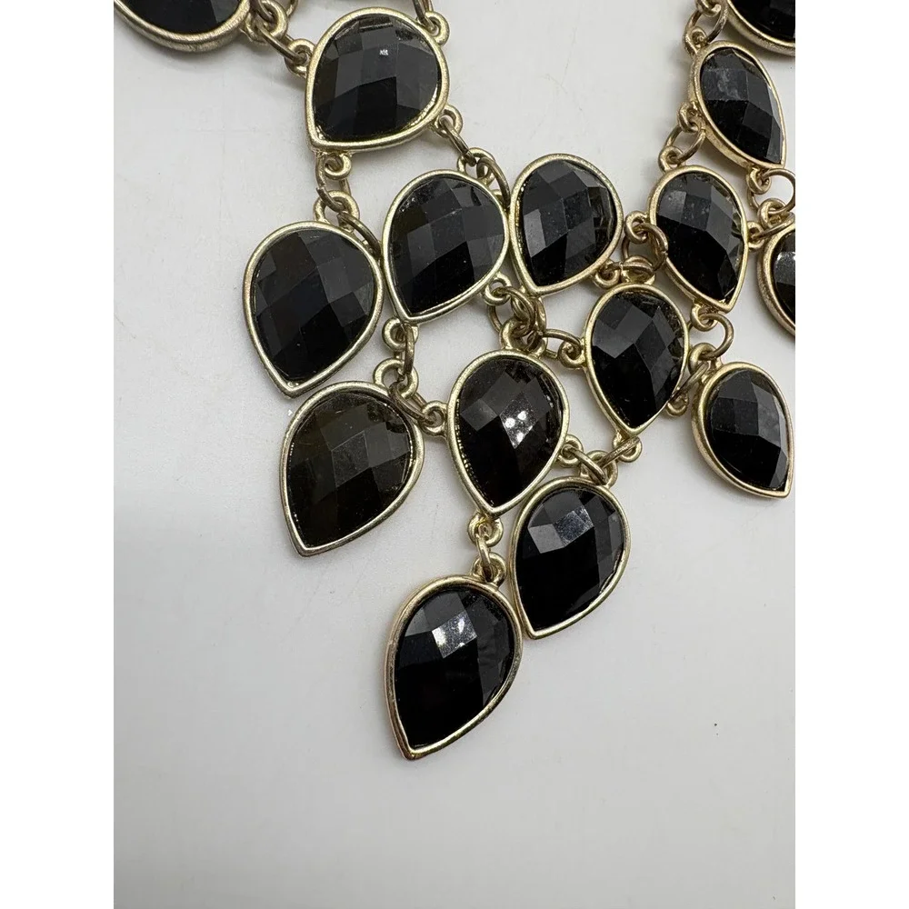 Black Teardrop‎ Bib Statement Necklace Gold Tone Tiered Faceted Stone